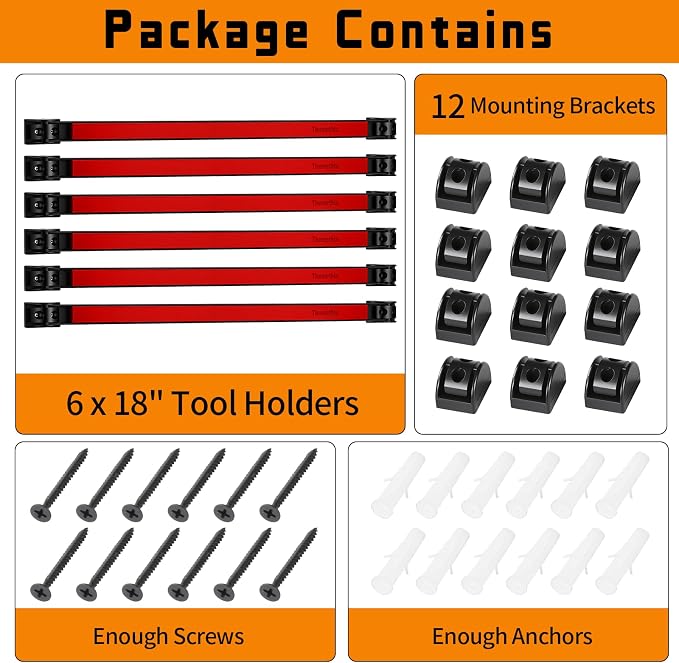 18" Magnetic Tool Holder Strip, 6 Pieces Red Metal Tool Organizer Rack with Stainless Steel Surface, Magnet Bar for Garage Workshop, Easy To Install with Mounting Screws
