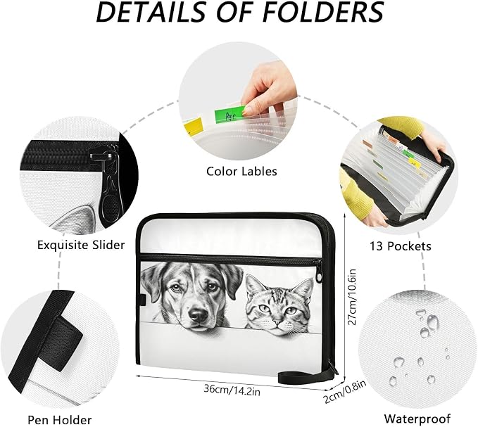 Pet Sketch Expanding File Folder with Sticky Labels | 13 Pockets Accordion File Folder Document Organizer Expandable Zip File Folder with Zipper Closure