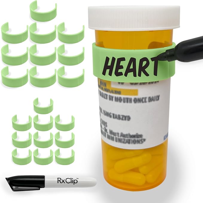 20 Pack Medicine Bottle Label Clips for Easy Medication Identification - 20ct Multipack with Marker (Pistachio)