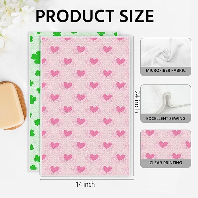 Four-Leaf Clover and Heart Waffle Kitchen Towels, Quick Dry Multipurpose Hand Towels for Bathroom, Absorbent Reusable Cloth Tea Dish Towels for Home Decor, Gift Towel Set of 2 for Woman Man Friends