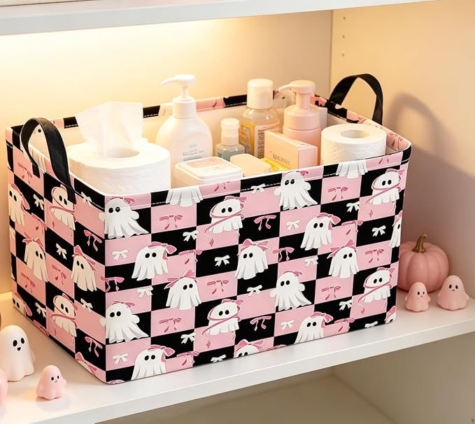 Rectangle Storage Basket with Handles,Collapsible Storage Bin,Gift Basket(Pink Check Halloween)