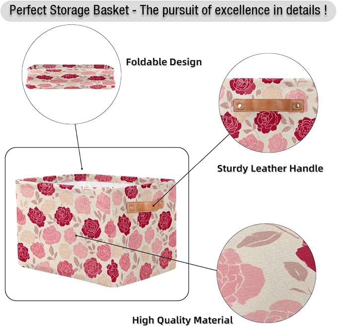 Pardick Roses Pink Flower Basket Storage Bins Large Fabric Toys Storage Cube Box with Handles Collapsible Closet Shelf Cloth Organizer Basket for Nursery Bedroom Bathroom Holiday Gift