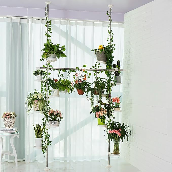 BAOYOUNI Spring Tension Pole Plant Stand, 12 Trays Metal Flower Rack，Ivory | Corner Floral Pot Storage Shelf Space Saver with Adjustable Height & 2 Hooks for Home Garden Decor