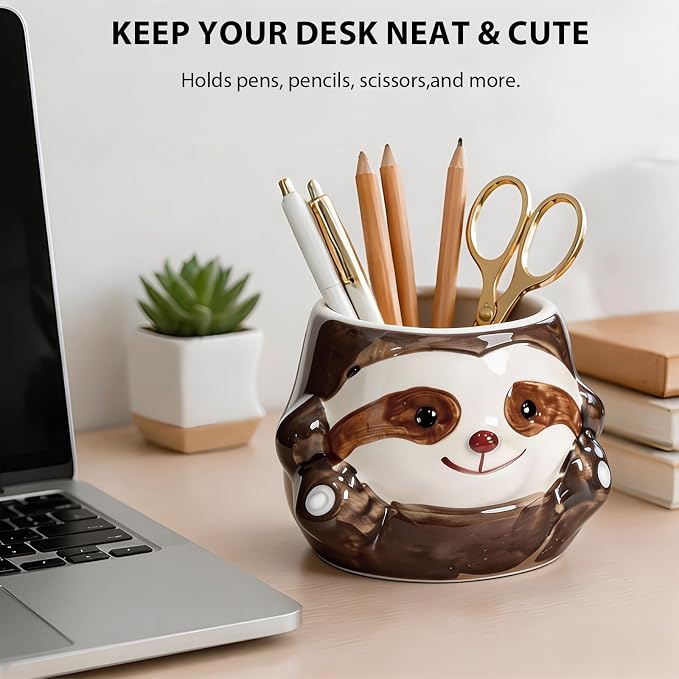 Ceramic Sloth Shaped Pen Pencil Holder for Desk Decoration Accessories Sloth Decor Makeup Brush Pen Cups Succulent Plant Pot Office School Ideal Gifts for Women, Mom or Birthdays