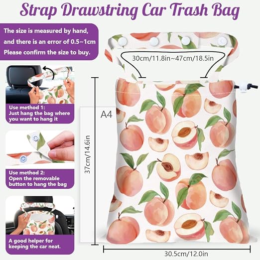 Peach Strap Drawstring Car Trash Bag Hanging Garbage Bag with Snap Buttons Car Back Seat Trash Storage Portable Dustbin Vehicle Trash Can Bag for Vehicle Accessories Travel Camping