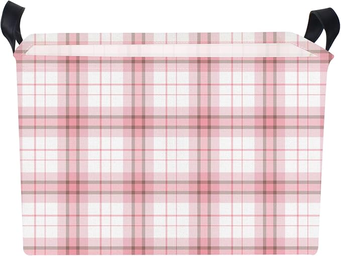 Pink Plaid Waterproof Multipurpose Foldable Storage Cift Basket with Leather Handle,Baby shower,Home,Picnic,Trunk(Pink Plaid)