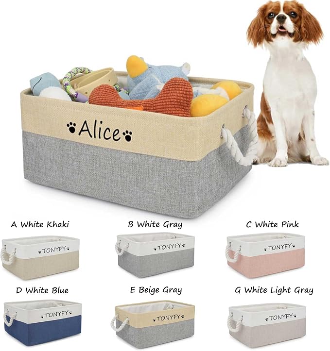 Pet Toy Storage Box Dog Toy Organizer Basket Personalized Large Capacity Collapsible Bin Two-Tone Linen Chest with Sturdy Handles for Living Room Pet Supplies Organizing (White Pink L)