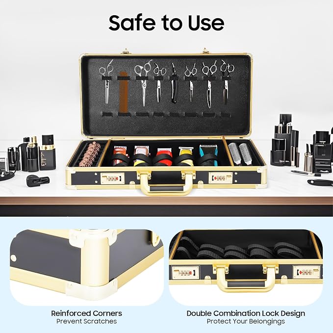 Professional Barber Carrying Case with Fireproof Panel & 3-Digit Lock, Aluminum Alloy Stylist Organizer for Hairstylists, Pet Groomers, Makeup Artists (Golden)