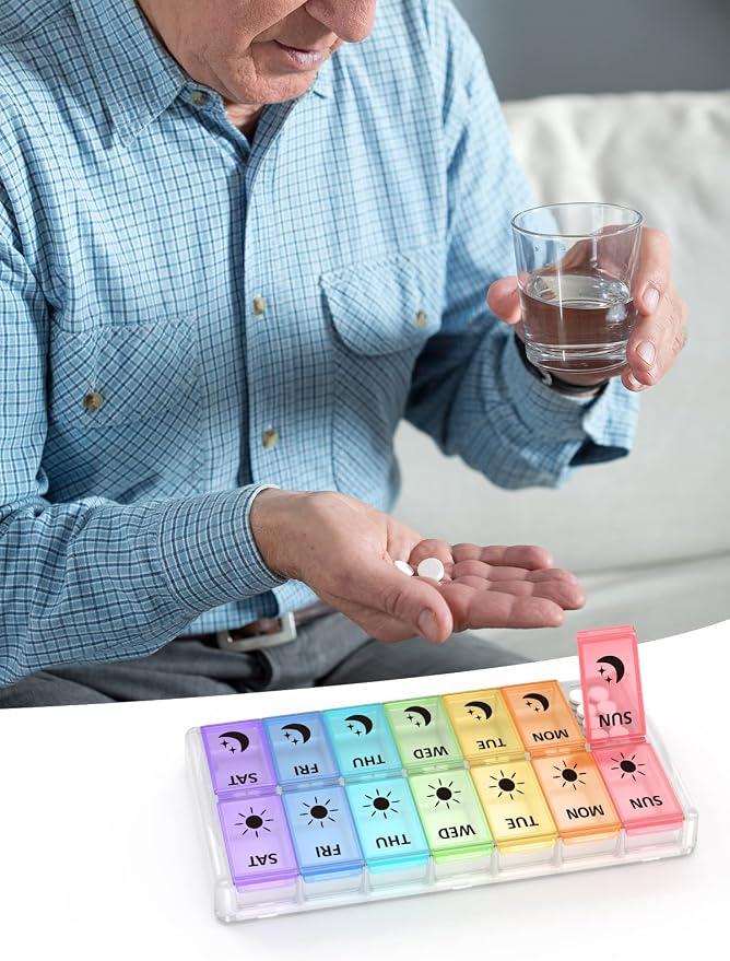 Weekly Pill Organizer 2 Times a Day Extra Large 7 Day Easy Fill Quick Fill Portable Fullicon AM PM Pill Box for Supplement, vitamine, and Medicine - (Patent Registered) (Pack of 2)