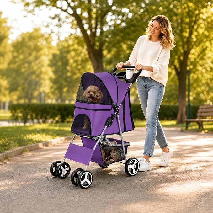 ZENY Foldable Pet Stroller, Cat/Dog Stroller with 4 Wheels | Pet Travel Carrier Strolling Cart with Storage Basket, Cup Holder (Purple)