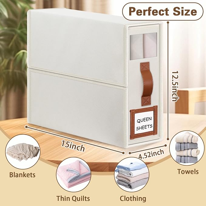 GhvyenntteS 8 Pack Bed Sheet Organizers and Storage (Queen & King Size), Foldable Sheet Organizers and Storage with Window and Label, Bed Sheet Organizer with Leather Handle, Beige