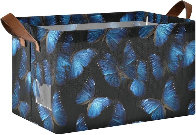 Black Background Blue Butterflies Storage Basket Foldable Cube Storage Bins with Handles&Label Waterproof Collapsible Organizer Box Bin Large Rectangle Decorative Baskets for Shelves Home Room Laundry