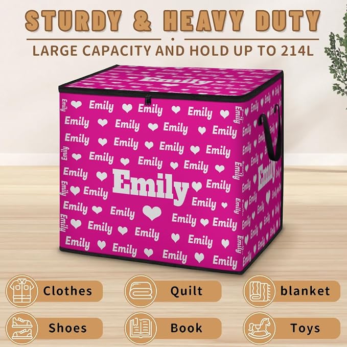 Custom Storage Baskets Cubes for Home with Name, Rosy Pink Background Love Hearts Large Foldable Organizer Collapsible Storage Bins for Home Blanket Comforters Clothes Closet Nursery