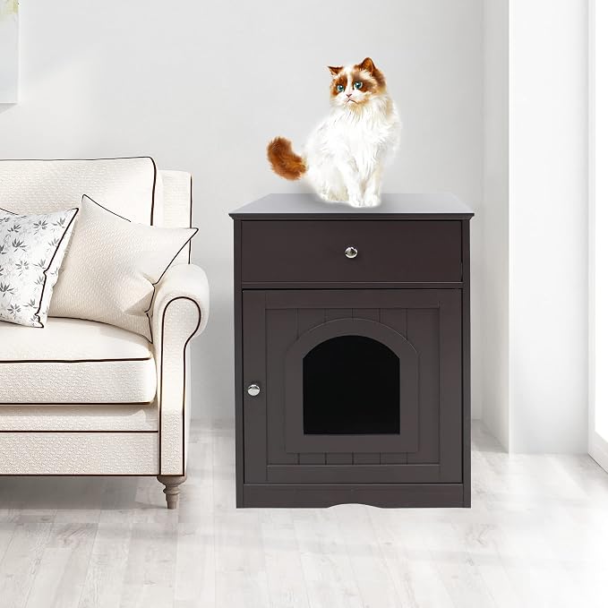 NicBex Cat Litter Box Enclosure with Drawer and Single Door Hidden Litter Box Furniture Pet Crate Covered Nightstand,Night Stand Cat House Indoor,Brown,18.9'' W