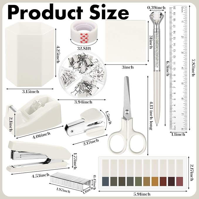 Marspark 12 Pcs Beige Desk Accessory Set Office Supplies Kit | Stapler Tape Dispenser Pen, Scissors Ruler Staple Remover Clips Sticky Notes, Beige Desk Supplies, Stationery Kit