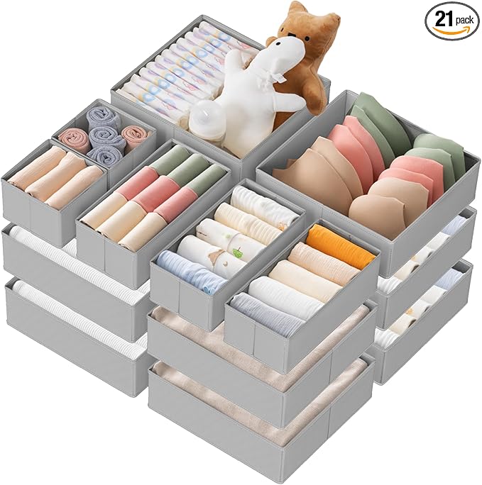 Drawer Organizer Clothes, 21 Pack Dresser Organizer for Baby Clothes, Underwear, Sock- Foldable Closet Organization and Storage Dividers Bins for Nursery, Bedroom (Grey)