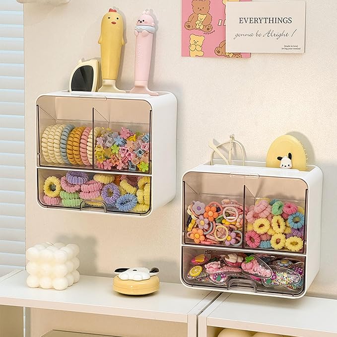 Acrylic Wall Mount Organizer, Wall Mounted Tampon and Pad Holder for Bathroom, No Drilling Feminine Hygiene Organizer with Lid and Drawer for Bathroom Cotton Swabs, Balls, Pads, Floss Picks