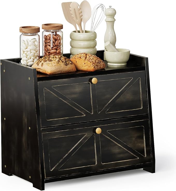 Trironsun Vintage Double Layer Bread Box for Kitchen Counter Bamboo Bread Storage Container Large Capacity Bread Storage Bin (Antique Black)