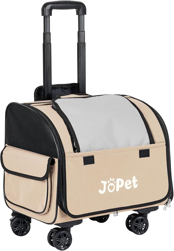 Pet Bag Carrier with Wheels, Pet Backpack with Wheels, Small Dog Carrier, cat Carrier, Detachable Wheels, Travel Bag, Pet Trolley, Soft Sided Carrier with Wheels, Foldable Carrier (Latte White)