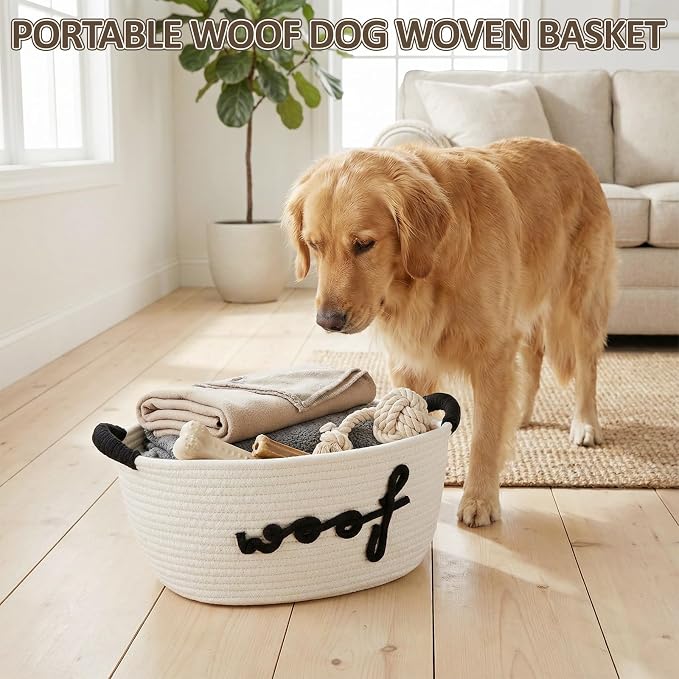 Dog Toy Storage Basket with Handles, 11.8 x 7.5 x 6.7 Inch Cotton Rope Dog Toy Storage Bin Woven Pet Organizer Shelf Basket for Pet Chew Toys, Foods