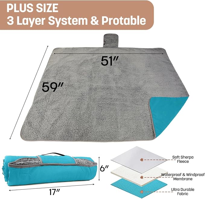 Tirrinia Waterproof Outdoor Blanket with Sherpa Lining, Windproof Foldable