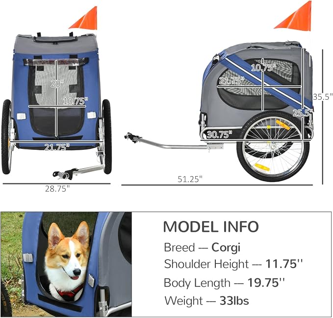 Dog Bike Trailer Pet Cart Wagon Cargo Carrier Attachment for Travel with 3 Entrances Large Wheels for Off-Road & Mesh Screen - Blue / Grey - Steel - Weather Protect - Camping Hiking Walking Cycling