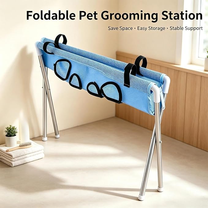 Dog Hammock for Grooming, Portable Pet Bathing Hammock(Khaki) | Hanging Harness with Eight Holes, Breathable Mesh,Suitable for Small Dogs and Cats Washing Picking Ears Nail Clipping Home