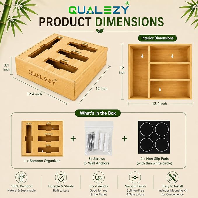 Bamboo Storage Bag Organizer for Drawer | 4-in-1 Baggie Organizer, Kitchen Drawer, Wall Mount & Countertop, Gallon, Quart, Sandwich & Snack, Engraved Labels