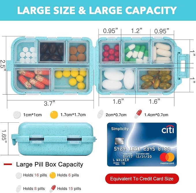 Large Blue Pill Organizer with 189 Labels, Travel Pill Case for Women (1 Pack)