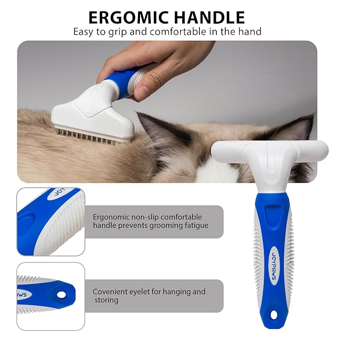 Dog Cat Grooming Tool Rake, Pet Dematting Tool with Stainless Steel Shedding Comb, Double Row Pet Rake Gently Remove Loose or Tangled Hair from Undercoat Blue