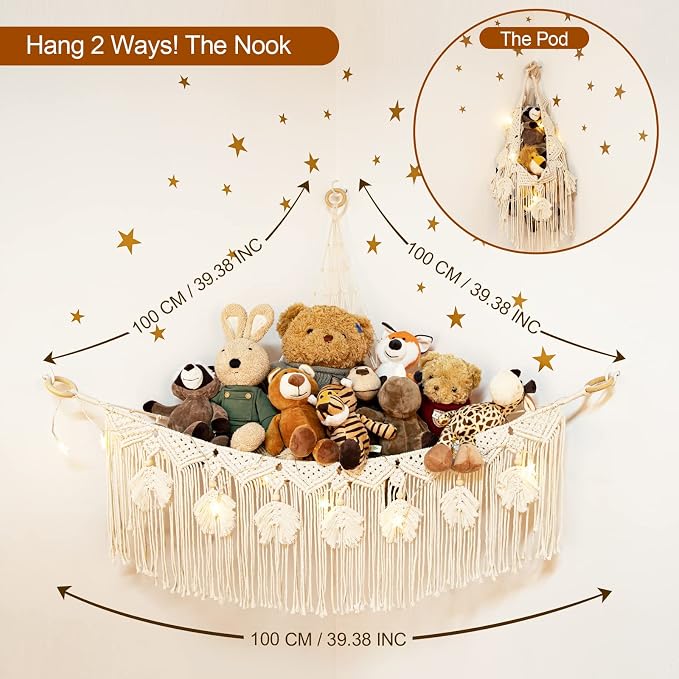 Macrame Stuffed Animal Storage with Star Light, Corner Hammock for Nursery | Corner Hanging Stuffed Animal Net Organizer for Girls' Room, Plushies Toy Wall Hanging Display Holder, Kid Gift
