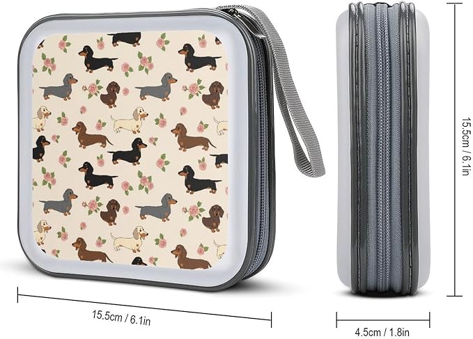 Hard Shell DVD CD Organizer Cute Dachshund Floral, 40-Disc Storage Binder with Zipper Closure, Portable Protective Case for Travel Home