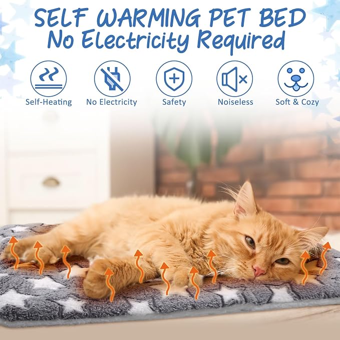 2 Pack Self Warming Cat Mat Self Heating Pad Bed Reversible Machine Washable Reflects Body Heat Warm Thermal Pet Pad Crate Blanket for Feral and Indoor Cat (Star,17'' X 17'')