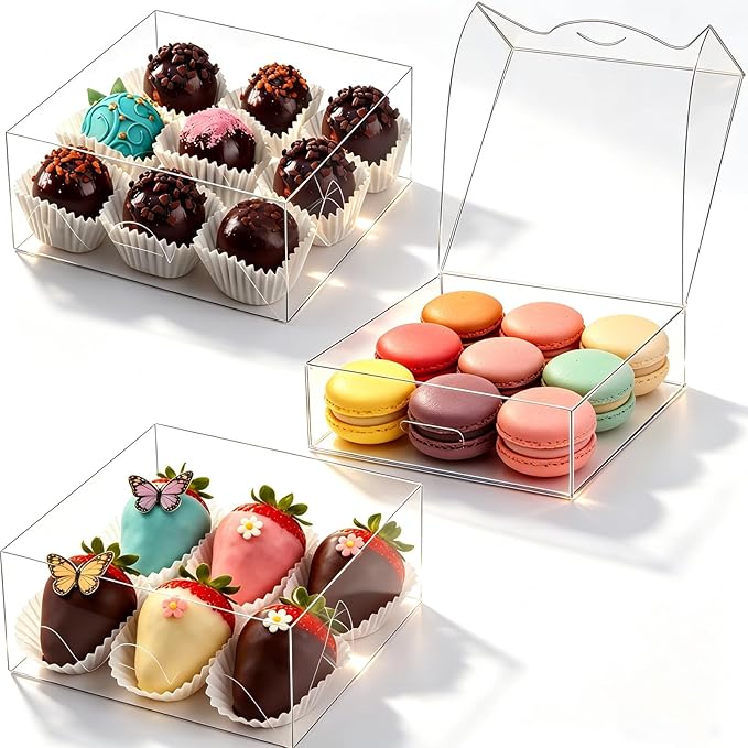 50 Pack 6x6x2 Inches Cookies Boxes with Clear Window Chocolate Covered Strawberries Boxes Bakery Packaging for Cake Pie Macaron Chocolate Truffle Treat Gift Christmas Easter Mother's Day