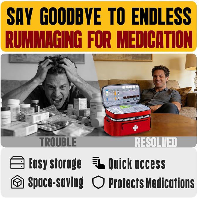 First Aid Bag Empty 2-Layer Large 16" x 9½"x7 Red | Reinforced Medical Bag Pill Bottle Box Portable Emergency Bag for Outdoor & Home, Travel Madicine Bag with Shoulder Strap