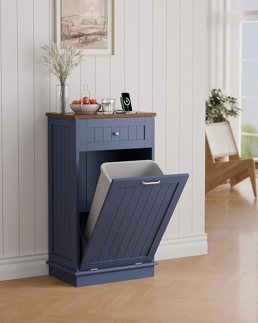 Betterhood Single Tilt Out Trash Cabinet with Power Outlet, Wooden Hidden Garbage Can Holder with a Big Storage Drawers for Kitchen, Living Room, Laundry, Blue