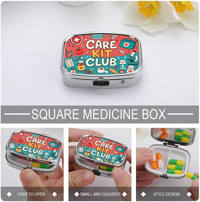 Care Kit Club Doodle Collage Two Compartment Pill Box Medicine Organizer, Portable Pill Case with Secure Snap Closure for Vitamins Medication Supplements Daily Use