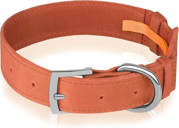 Leather Dog Collar with Airtag Holder - Apple Air Tag Dog Collars - Soft Tracking GPS Pet Collar for Small Medium Large Dogs Breed Puppy (Tawny, M, 12"-15" Neck Fit)