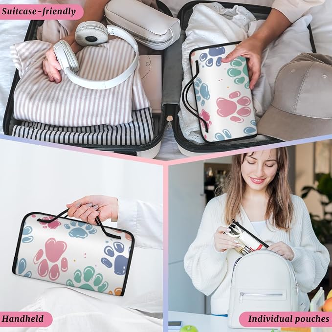 Cute Colorful Cat Paws Makeup Bag for Women Hanging Roll-Up Travel Organizer Toiletry Kit with 4 Removable Compartments, Pet Animals