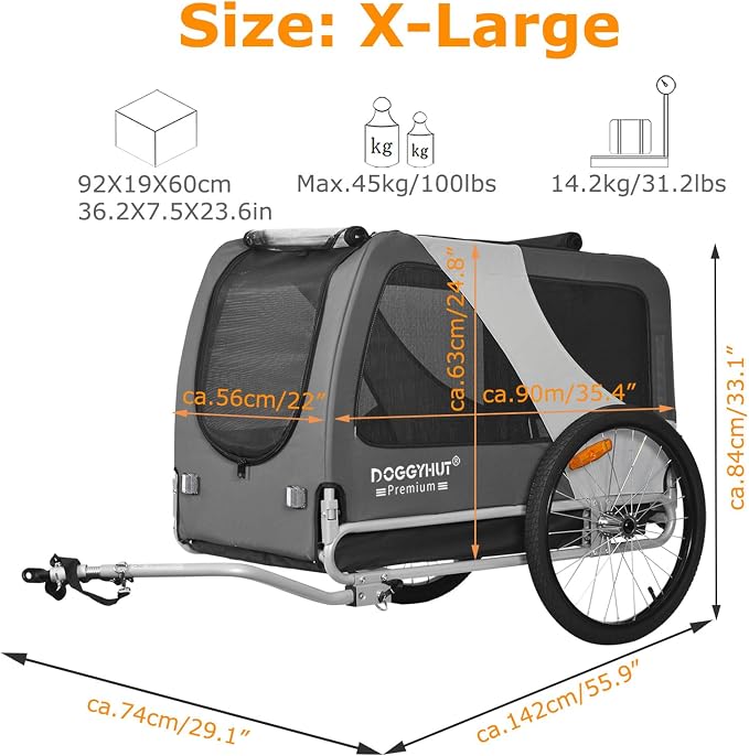 DOGGYHUT® Premium X Large Pet Bike Trailer Up to 100 lbs (Gray) | Bicycle Trailer for Small Medium or Large Dogs, Dog Bicycle Carrier, Low Center of Gravity, Folding Frame Cart