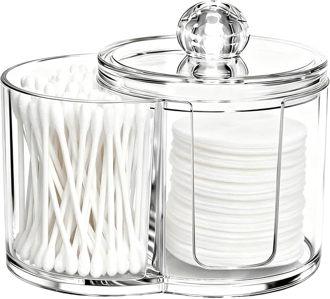 Qtip Holder Dispenser, Dual Compartment Cotton Swab Organizer | Clear Dual Compartment Organizer With Dustproof Lid For Cotton Swabs And Pads, Helping Keep Bathroom Countertops Neat