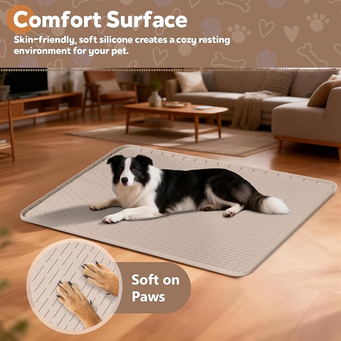 Silicone Dog Crate Mat 57"x 40" Under Dog Crate Kennel Pad Mat, Khaki | Extra Large Dog Cage Mat, Non-Slip Waterproof Dog Playpen Mat, Reusable Washable Dog Mat for Crate, Protect Floors