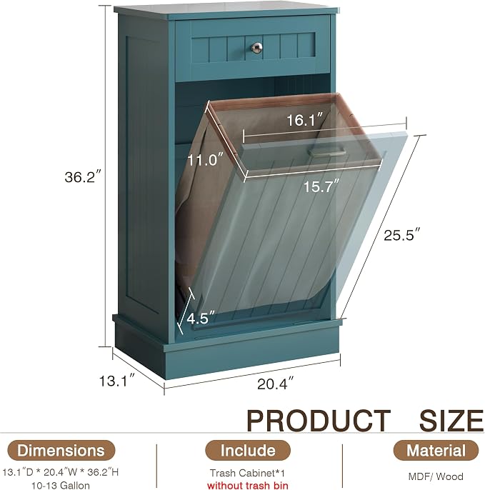 KIGOTY Tilt Out Trash Can Cabinet, Laundry Hamper Cabinet, Teal Blue