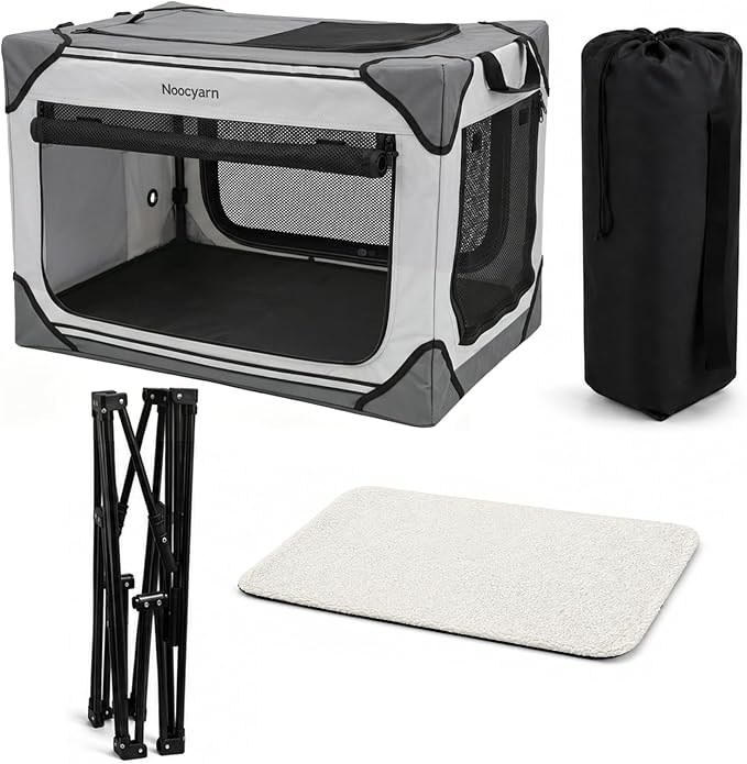 Collapsible Soft Dog Crate 36 Inch, Portable Travel Pet Crate for Large Dogs with 4-Door Mesh, Large Dog Kennel Indoor & Outdoor, Light Grey