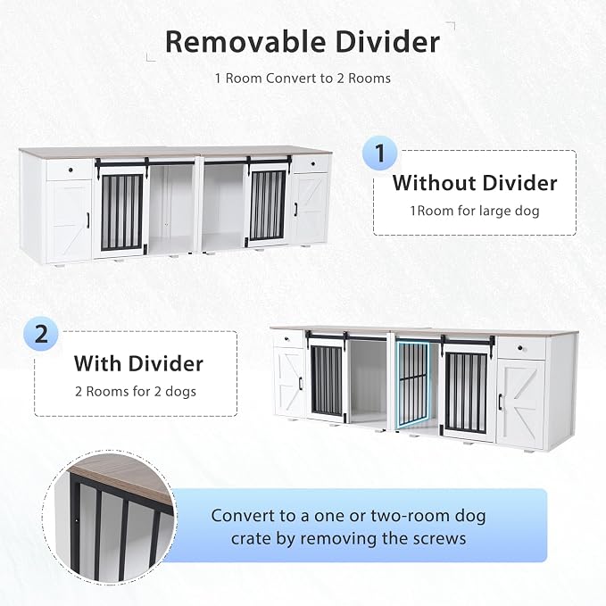 Verano Garden 88" Dog Crate Furniture, Dog Kennel Cage, White (88") | 2-in-1, Lockable, Decorative, Sliding Door, Removable Divider, Adjustable Shelf, Farmhouse, Heavy Duty, Small Medium Dogs