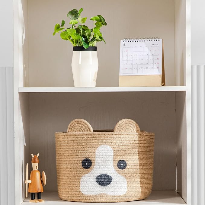 Medium Dog Woven Baskets with Handle, Dog Toy Hamper, Cotton Rope Dog Toy Storage Baskets for Pet, Animal Basket for Kids, Baby Gift Baskets for Dog Lovers, Khaki