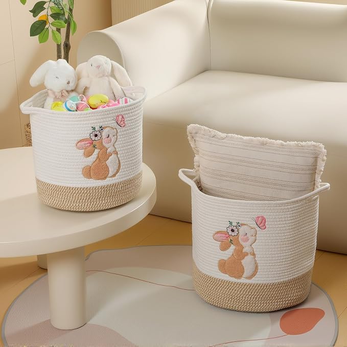 Large Blanket Baskets for Living Room, Bunny Baskets Toy Storage Basket Woven Cotton Rope Basket for Kids, Toys Organizer Clothes Hamper with Embroidery, Laundry Hamper Nursery Decor ( Large )