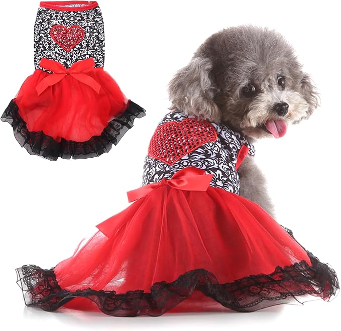 Dog Costume Dress S, Black Floral Top with Red Tulle Skirt and Bow, Glitter Heart Pet Outfit for 6-7 lbs Dogs and Cats, Holiday Party Clothing