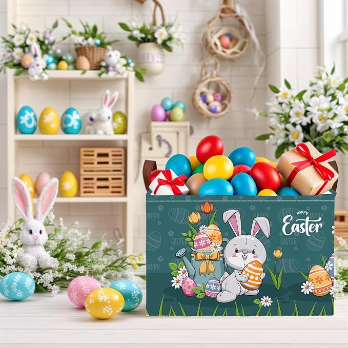 Large Cute Easter Basket for Kid Empty Gift Baby Rectangle Storage Bin Bunny Eggs Boy＆Girl Room Décor (Rabbit Blue)