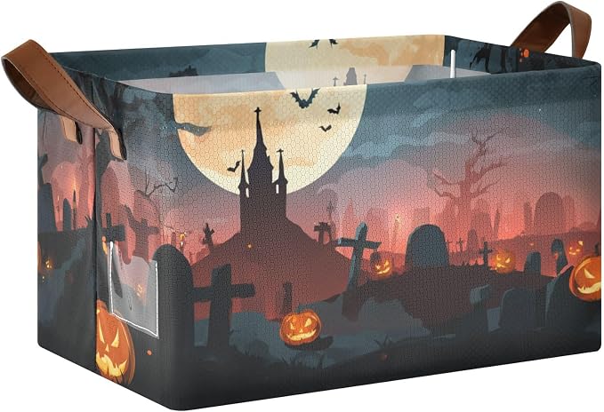 Halloween Spooky Graveyard Storage Basket Foldable Cube Storage Bins with Handles&Label Waterproof Collapsible Organizer Box Bin Large Rectangle Decorative Baskets for Shelves Home Room Laundry
